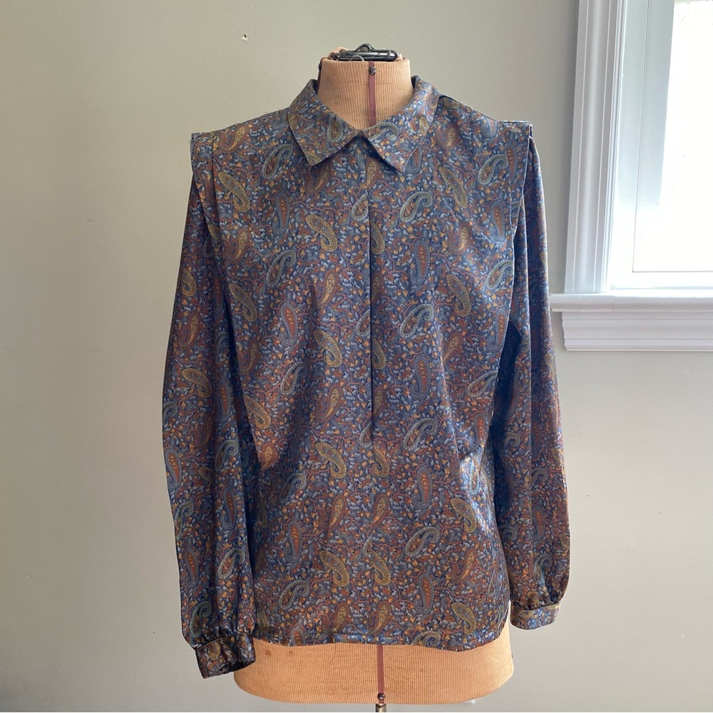 Vintage 80s Paisley Silky Blouse M | Nicola Button Back Pleated Peter Pan Collar
